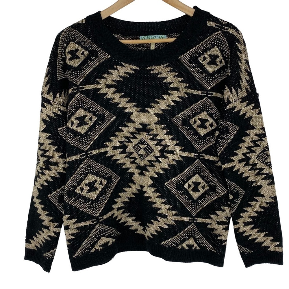 Dina be black & metallic gold aztec print crew neck sweater